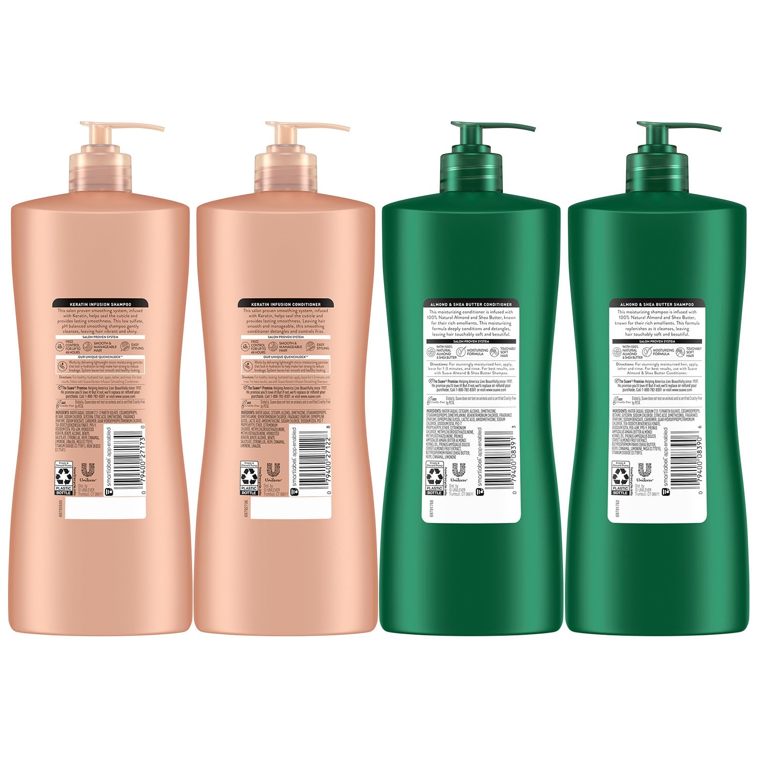 Suave Shampoo and Conditioner Set, Keratin Infusion + Almond & Shea Butter –Frizz Control and Moisturizing Hair Care Bundle, 28 Oz Ea (4 Piece Set)