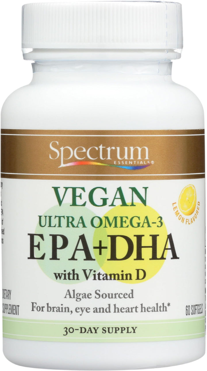 Spectrum Essentials Soft Gels, Vegan Ultra Omega-3 EPA and DHA with Vitamin D, 60 Count