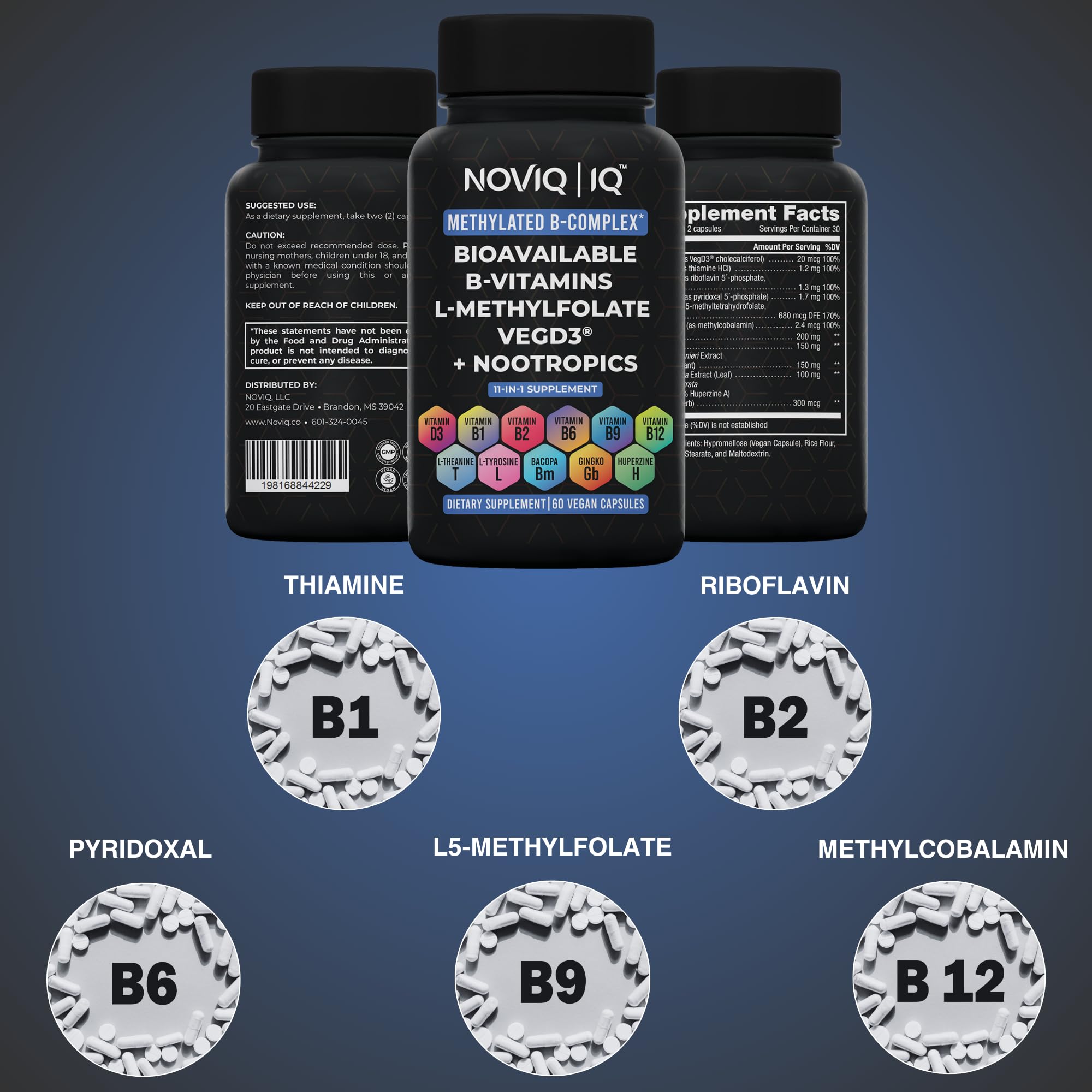 NOVIQ 11-in-1 Methylated B-Complex Supplement: 680mcg L-Methylfolate(5-MTHF) Thiamine(B1) Riboflavin(B2) Pyridoxal(B6) Methylcobalamin(B12) - VegD3® + Nootropics - 1,100mg+ Serving - 60 Count