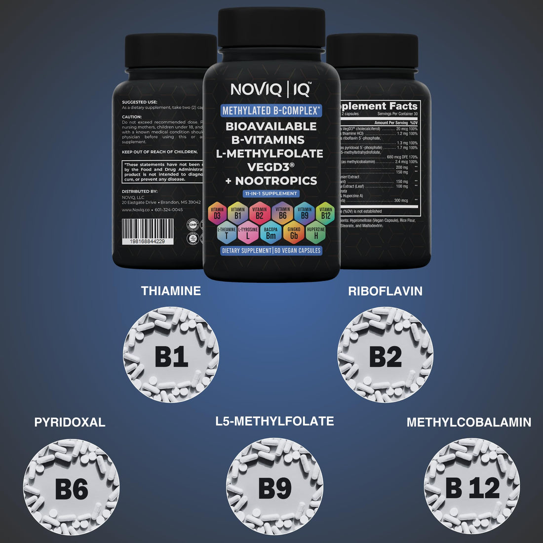 NOVIQ 11-in-1 Methylated B-Complex Supplement: 680mcg L-Methylfolate(5-MTHF) Thiamine(B1) Riboflavin(B2) Pyridoxal(B6) Methylcobalamin(B12) - VegD3® + Nootropics - 1,100mg+ Serving - 60 Count