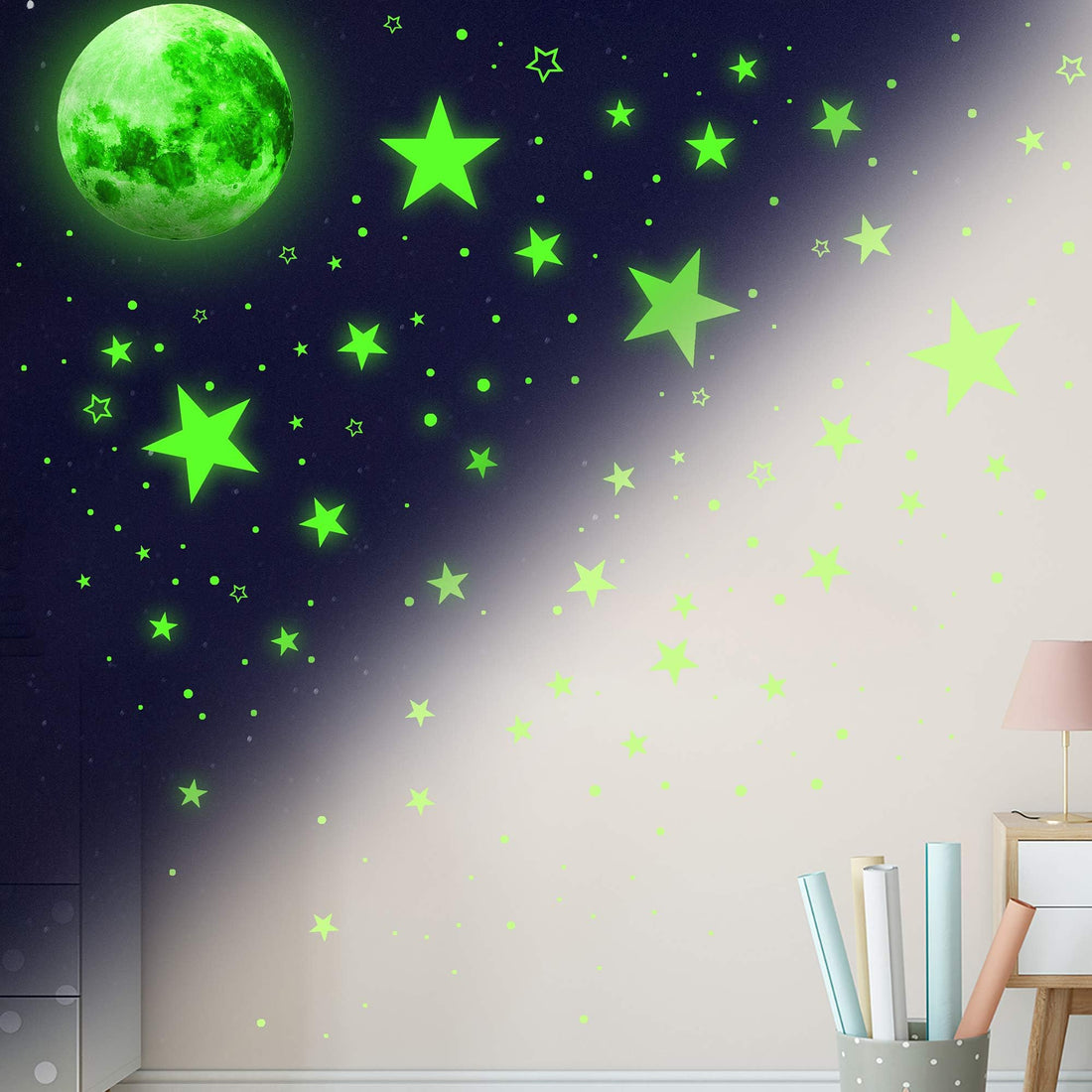1086Pcs Glow in The Dark Stars, Glow in The Dark Moon for Ceiling Planets Space Wall Stickers Solar System Galaxy Wall Decals for Kids Boys Bedroom Living Room Decoration (Green)