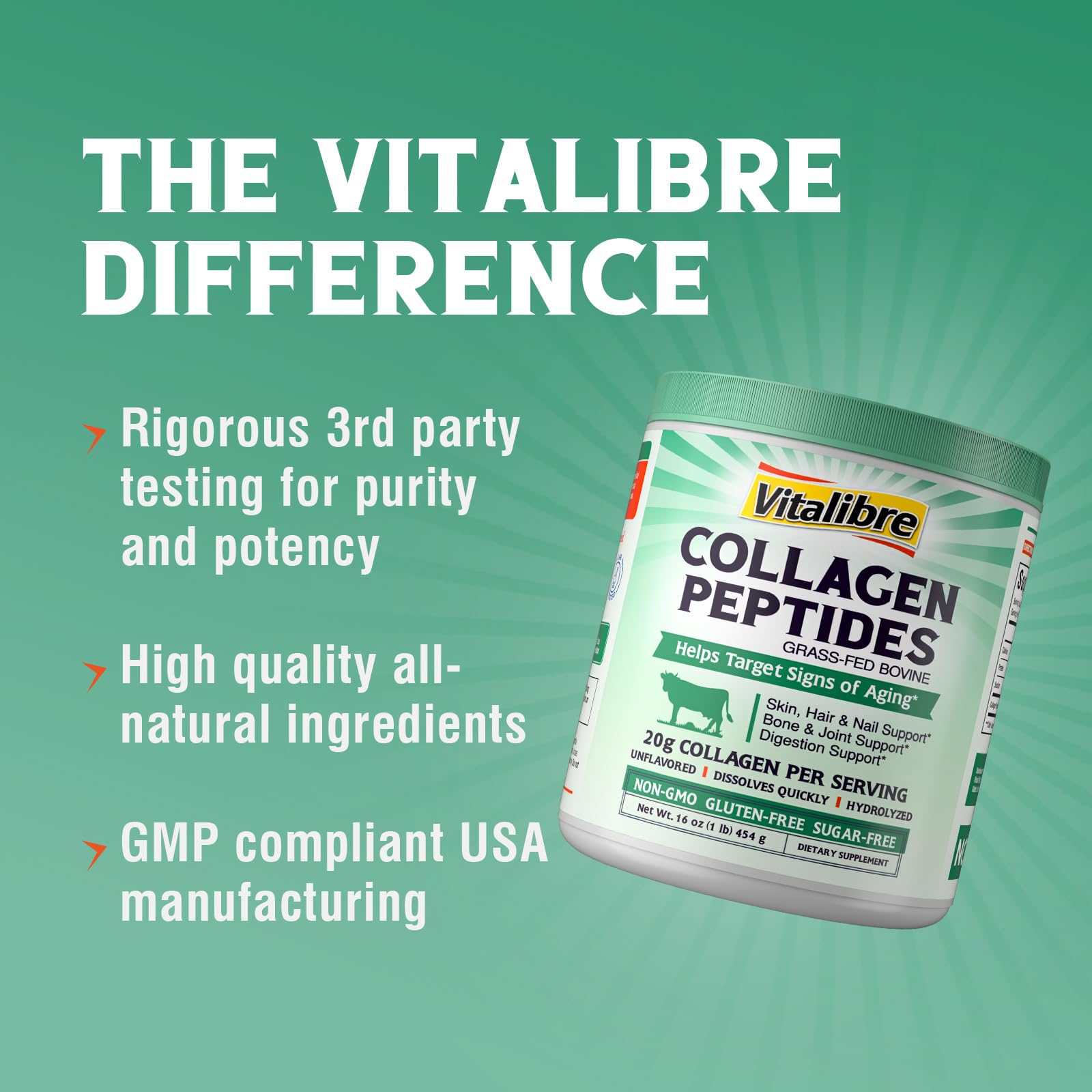 Bovine Collagen Peptides Powder for Women and Men, Grass-Fed Hydrolyzed Collagen Protein Type I & III, Skin, Hair, Nails, Bones, Joints & Digestion, Unflavored, Non-GMO, Keto & GF, 22 Servings, 16oz