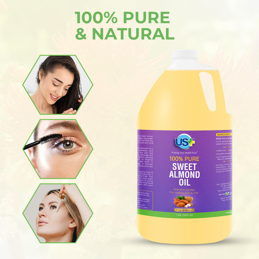 US+ 100% Pure Sweet Almond Oil - All-natural, Expeller-pressed, Hexane-free - Premium Quality for Healthy Skin & Hair (1 Gallon)