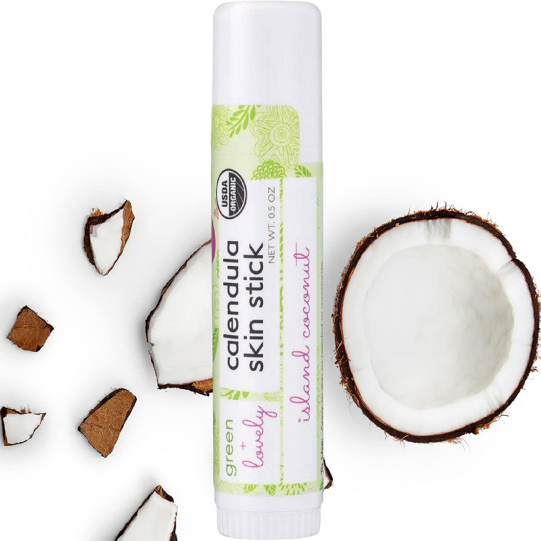 Green + Lovely Calendula Skin Stick Organic Lotion Sticks Moisturizing Balm Ointment Salve Multipurpose Hand Cream Body Bar, 0.5 oz., Island Coconut (1 Tube)