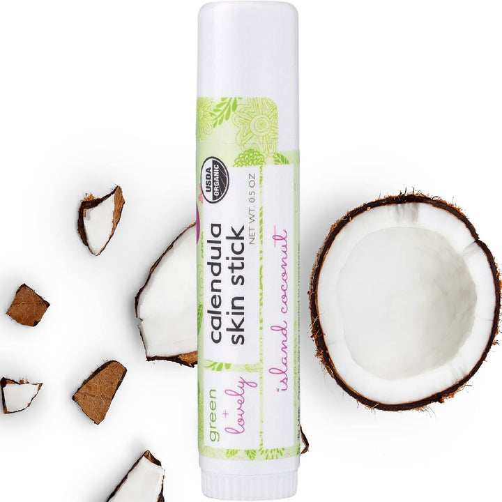 Green + Lovely Calendula Skin Stick Organic Lotion Sticks Moisturizing Balm Ointment Salve Multipurpose Hand Cream Body Bar, 0.5 oz., Island Coconut (1 Tube)