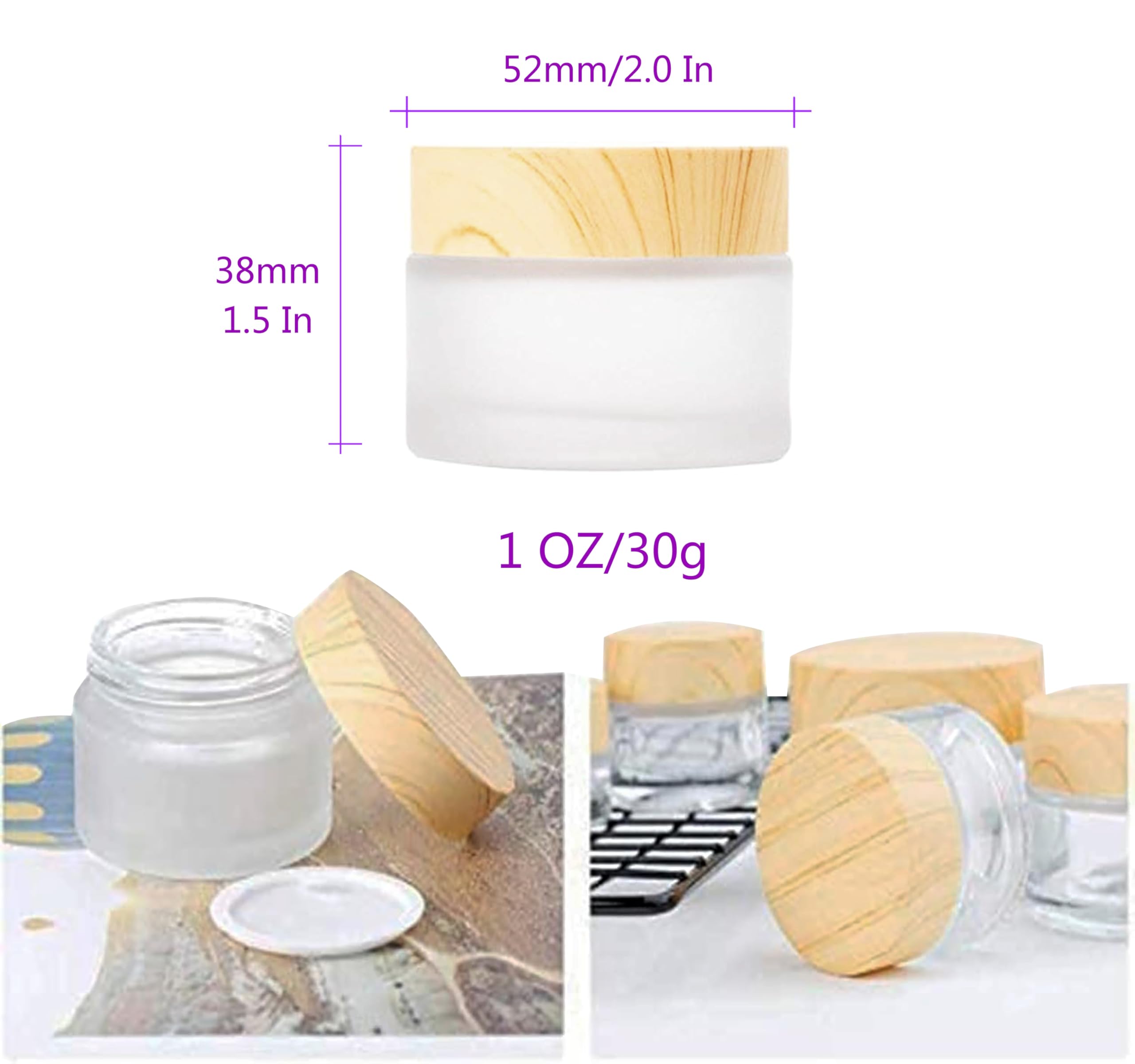 Healthcom 12 Packs 1 Oz Empty Jars 30ml Round Frosted Glass Cream Jar Bottles Holder with Wood Grain Lids Refillable Case Vial Pot Cosmetic Container Glass Bottles for Lotion Face Lip Balm Eye Cream
