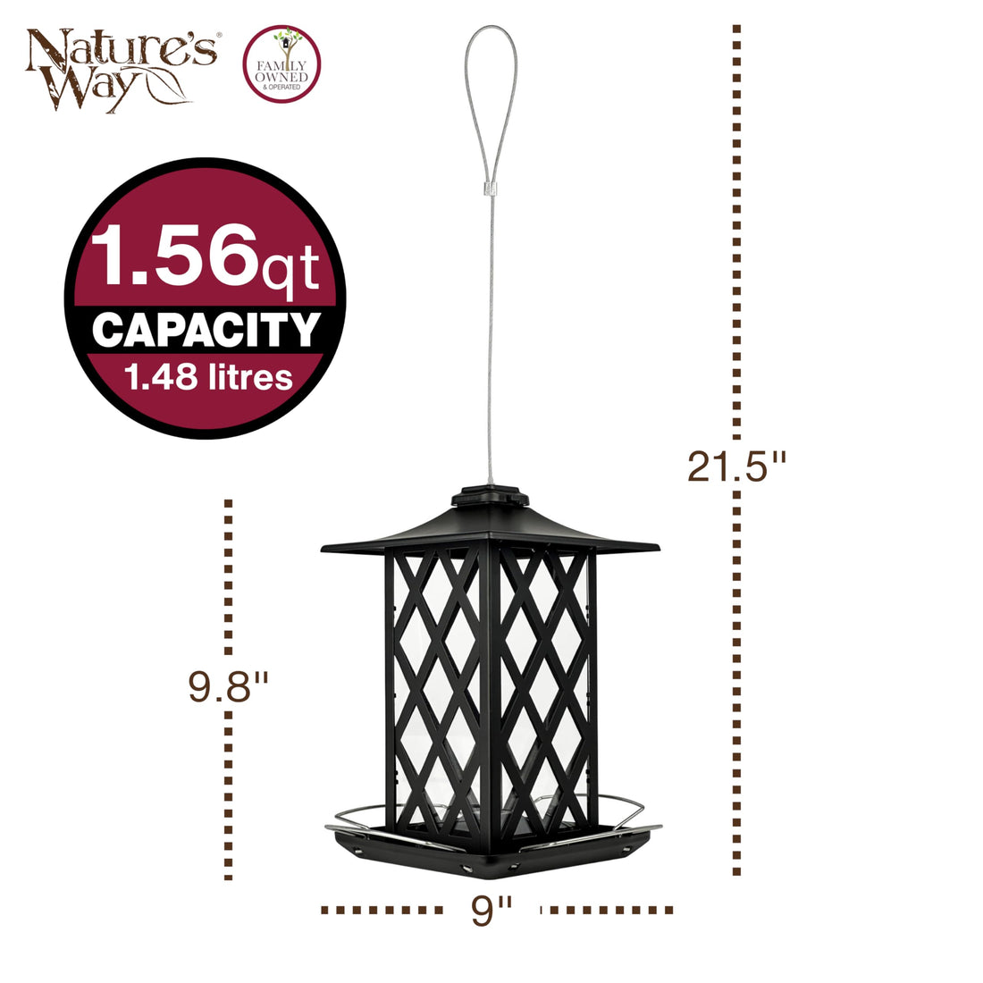 Nature's Way Outdoor Garden Décor Hanging Wild Bird Seed Feeder, Metal Lantern Gazebo Feeder, Easy Fill, Rain Drainage, Black