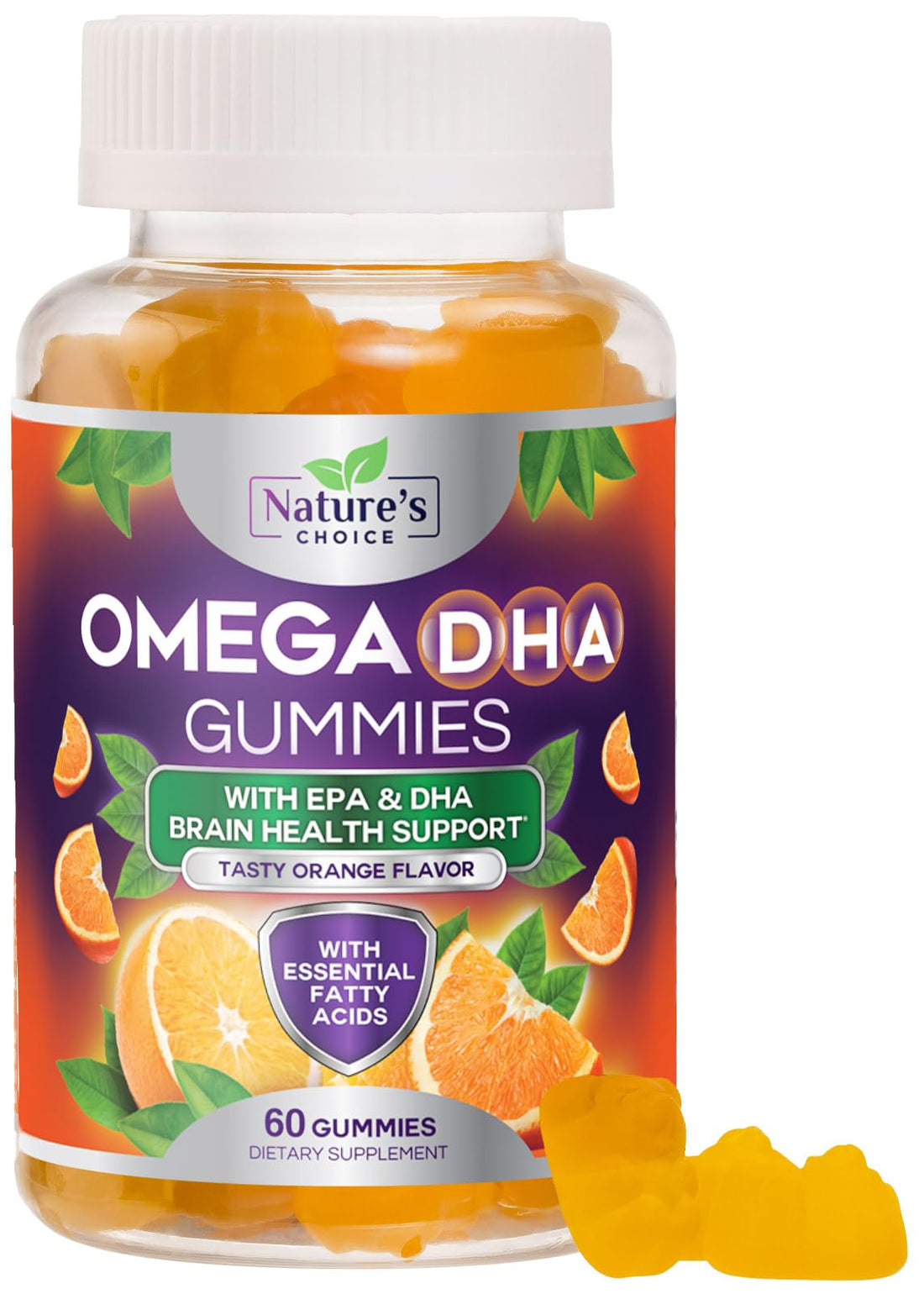 Omega 3 Fish Oil Gummies - Triple Strength Omega 3 Gummy Vitamins, High Absorption EPA & DHA Fatty Acids, for Heart Health & Brain Support, Nature's Fish Oil Supplement, Orange Flavor - 60 Gummies