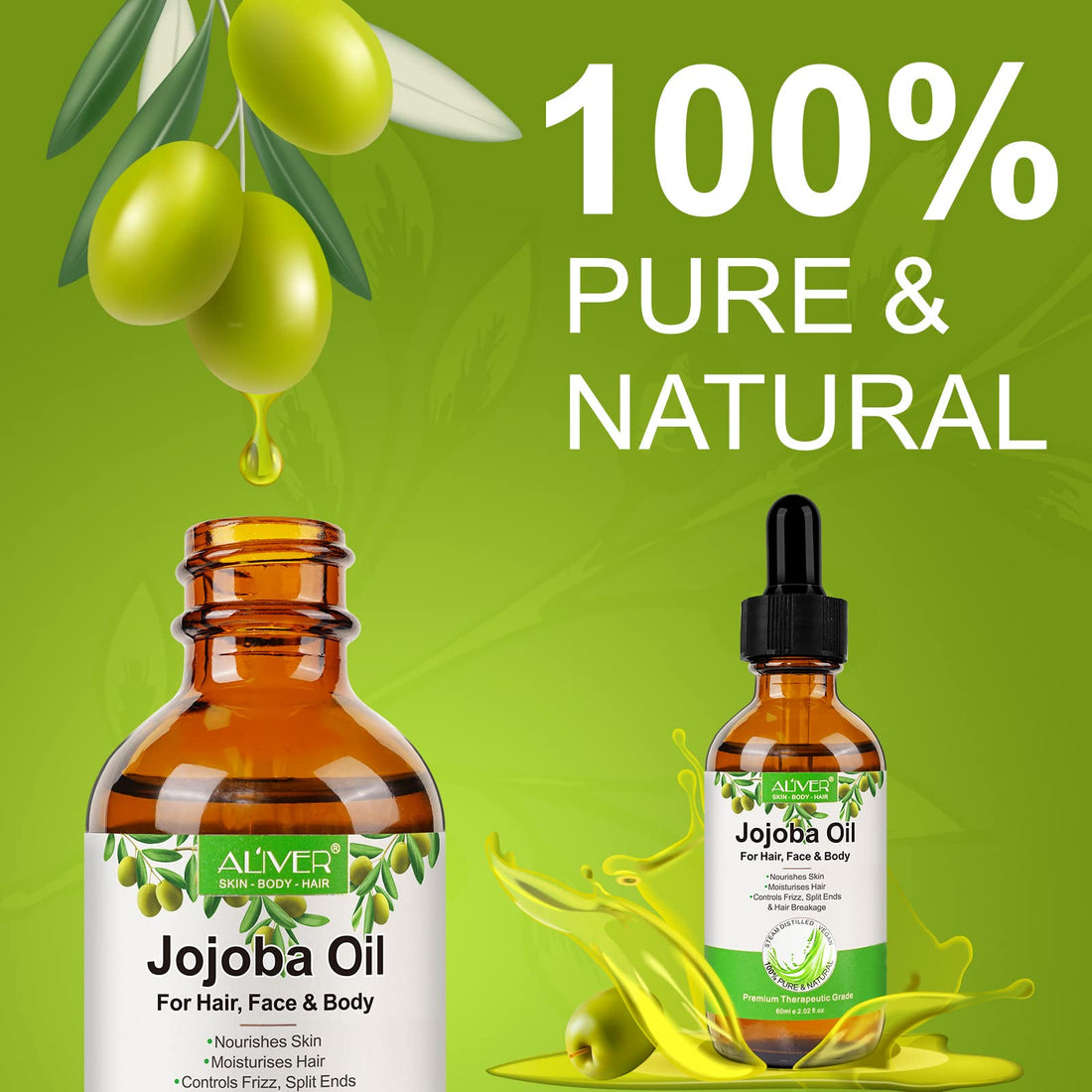 Jojoba Oil for Hair Growth, 100% Pure & Natural - Cold Pressed Unrefined Jojoba Essential Oil for Skin & Nails, Dry Skin Relief, Makeup Remover 2.02fl.oz