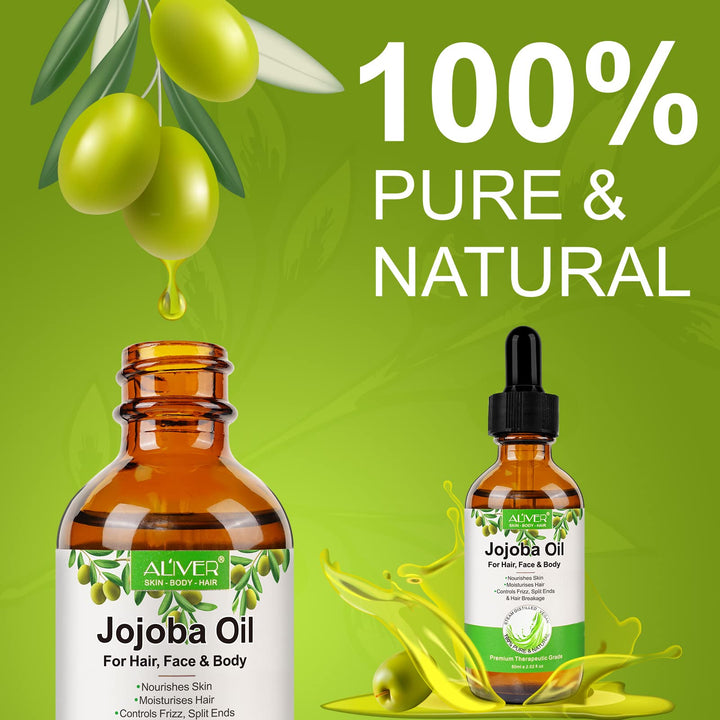 Jojoba Oil for Hair Growth, 100% Pure & Natural - Cold Pressed Unrefined Jojoba Essential Oil for Skin & Nails, Dry Skin Relief, Makeup Remover 2.02fl.oz