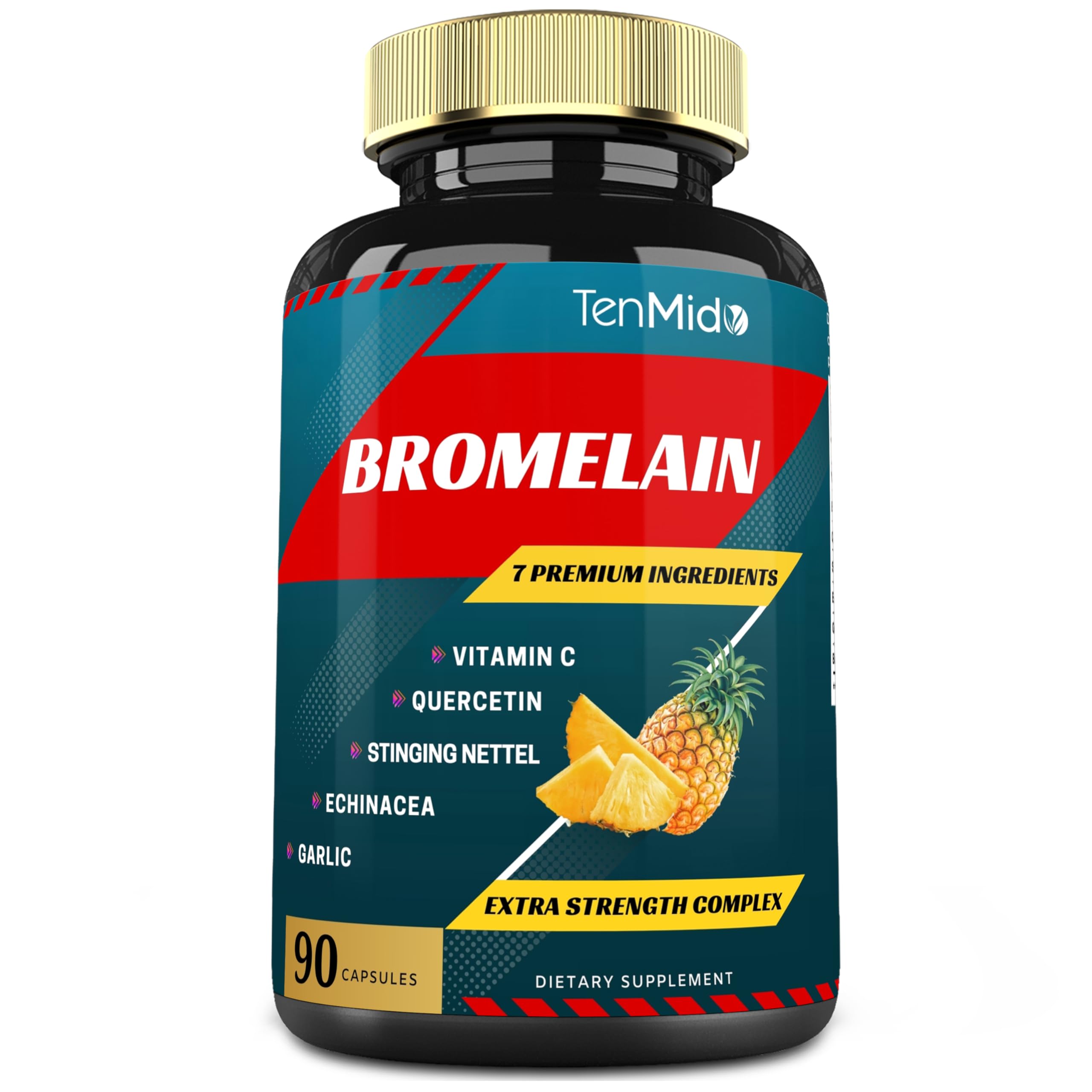 Tenmido Bromelain Extract Capsules, Proteolytic Enzymes & VitC, Quercetin, Echinacea, Garlic, Pepper - Supports Digestion Health, Nutrient Absorption - 90caps, 3Months Supply