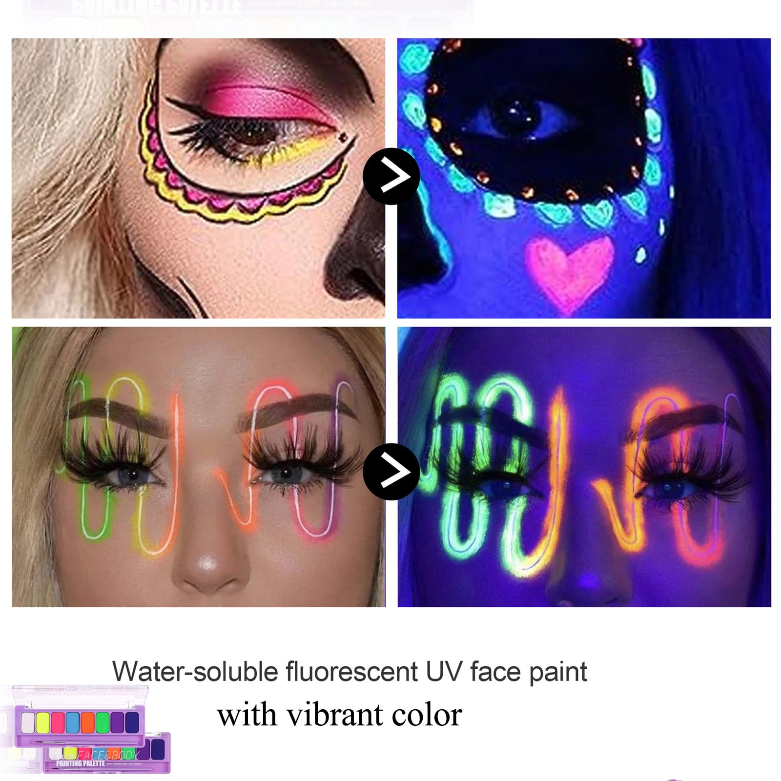 MEICOLY 2 Packs Water Activated Eye Liner Palette,Neon Face Paint Colored Retro Hydra Liner,Water Activated Eyeliner,Matte Graphic Eyeliner,UV Blacklight Glow Black White Face Body Paint,16 Colors