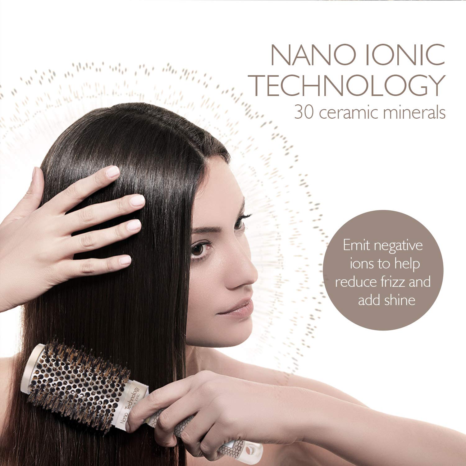 Baasha Large Round Brush with Boar Bristles 3.3 inch, Blow Dryer Hair Brush for Curly Hair, Hair Straightening Brush Nano Technology Ceramic Ionic for Perfect Volume Shine and Anti Frizz, Gold Brown