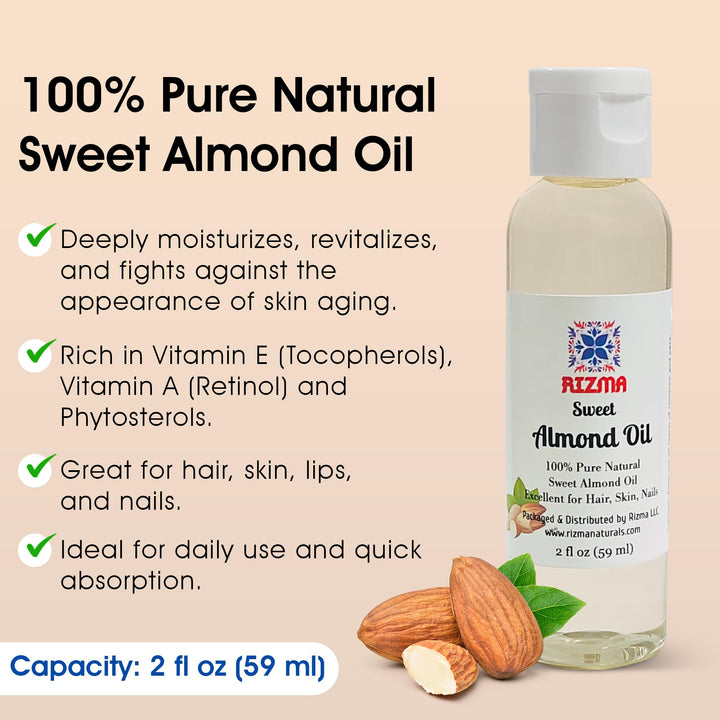 RIZMA 100% Pure and Natural Sweet Almond Oil – Travel Size 2oz Bottle