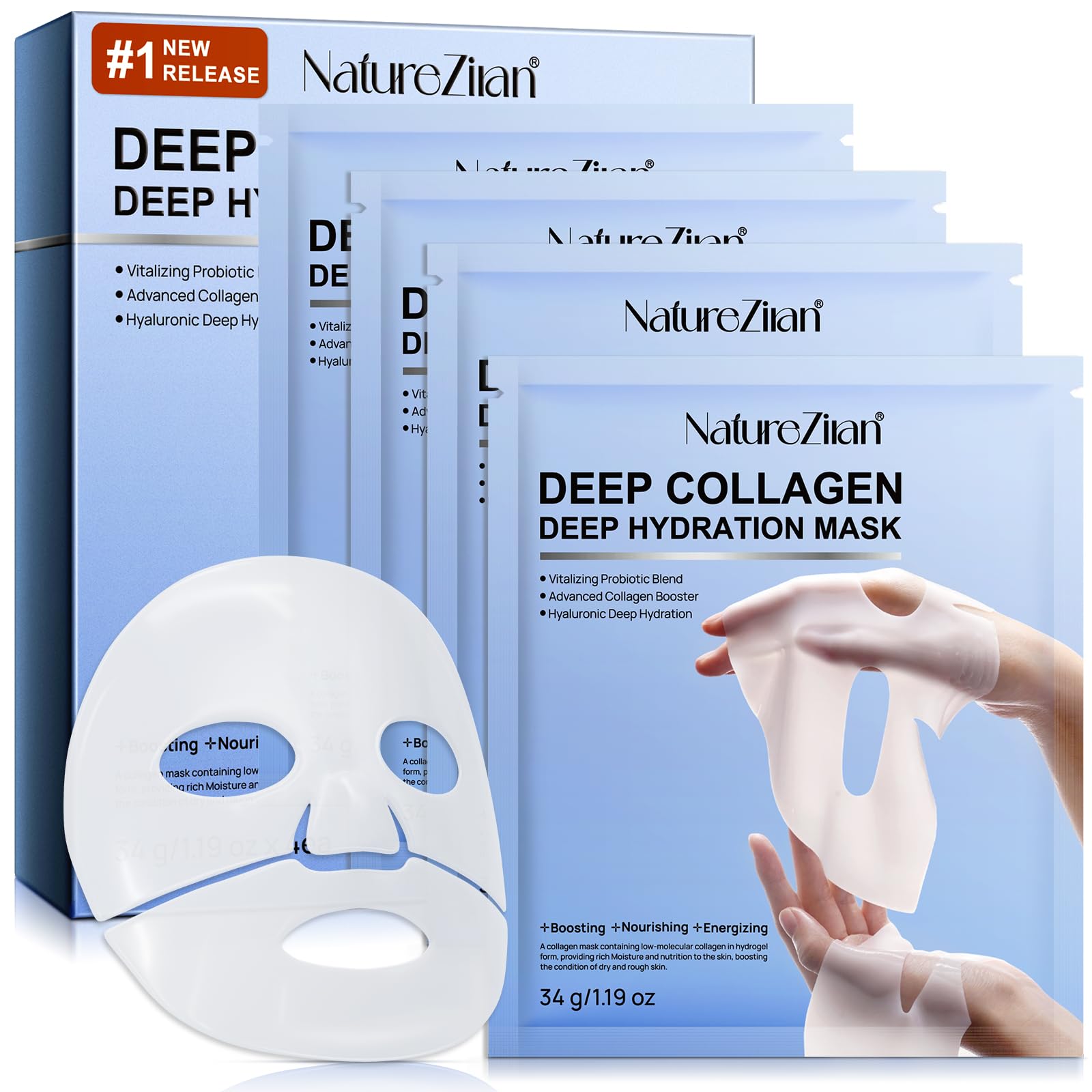 GOGIFTGO Collagen Face Mask,Collagen Real Deep Mask,Collagen Mask,Deep Hydrating Anti Wrinkle Lifting Mask,Hydrogel Masks for All Skin Types 34g*4ea