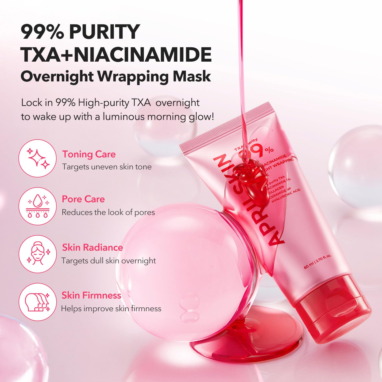 APRILSKIN TXA Niacinamide 99 Overnight Wrapping Mask | 99% High-Purity TXA+Niacinamide for Uneven Skin Tone | Overnight Skin Booster for Toning Care, Firming & Pore Care | 80ml, 2.70 fl.oz.