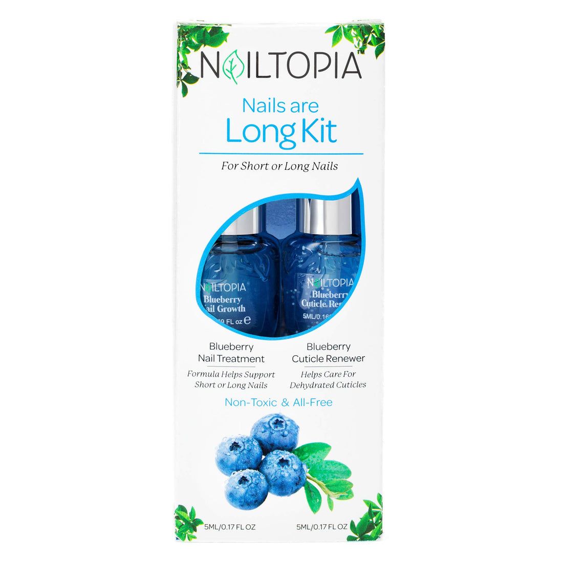 Nailtopia - Nails are Long Kit, Supports Short/Long Nails & Dehydrated Cuticles - Plant-Based, Non Toxic, Bio-Sourced - Hardening & Conditioning Superfood Treatment - Blueberry Extract (Clear) - 2 Pc