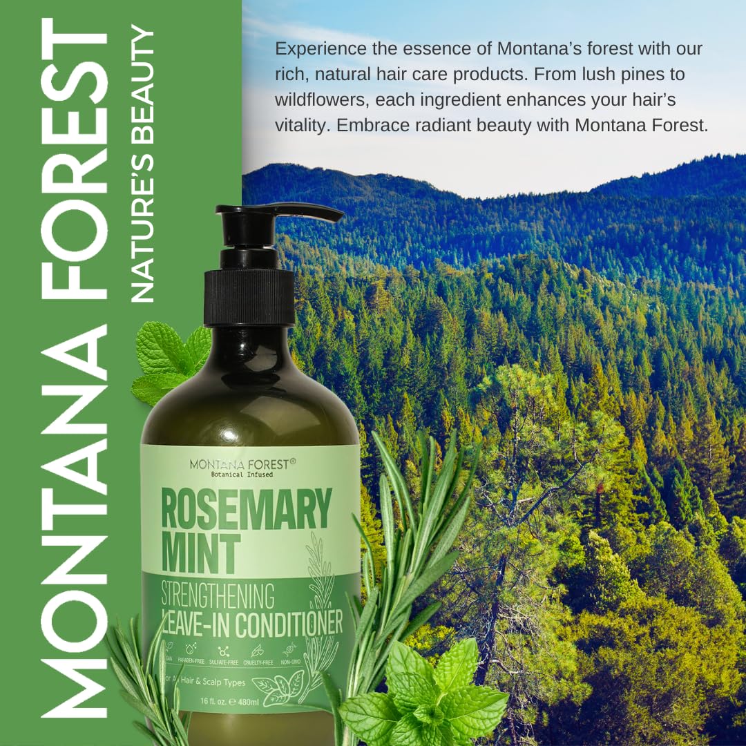 MONTANA FOREST Rosemary Mint Strengthening Leave-In Conditioner - 16 fl oz | Natural Botanical Hair Care | Nourishing and Strengthening for All Hair Types | Sulfate-Free, Paraben-Free, and Non-GMO