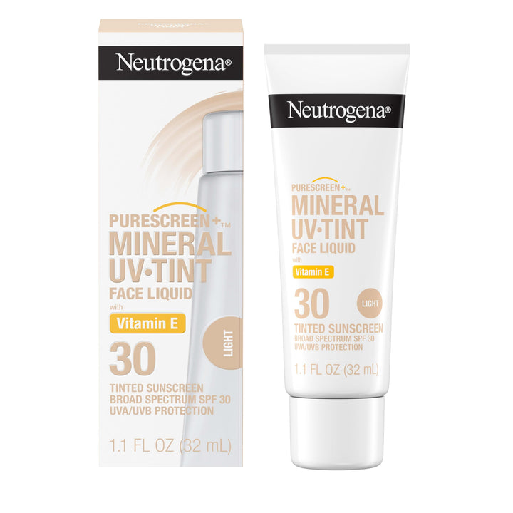 Neutrogena Purescreen+ Tinted Sunscreen for Face with SPF 30, Broad Spectrum Mineral Sunscreen with Zinc Oxide and Vitamin E, Water Resistant, Fragrance Free, Light, 1.1 fl oz