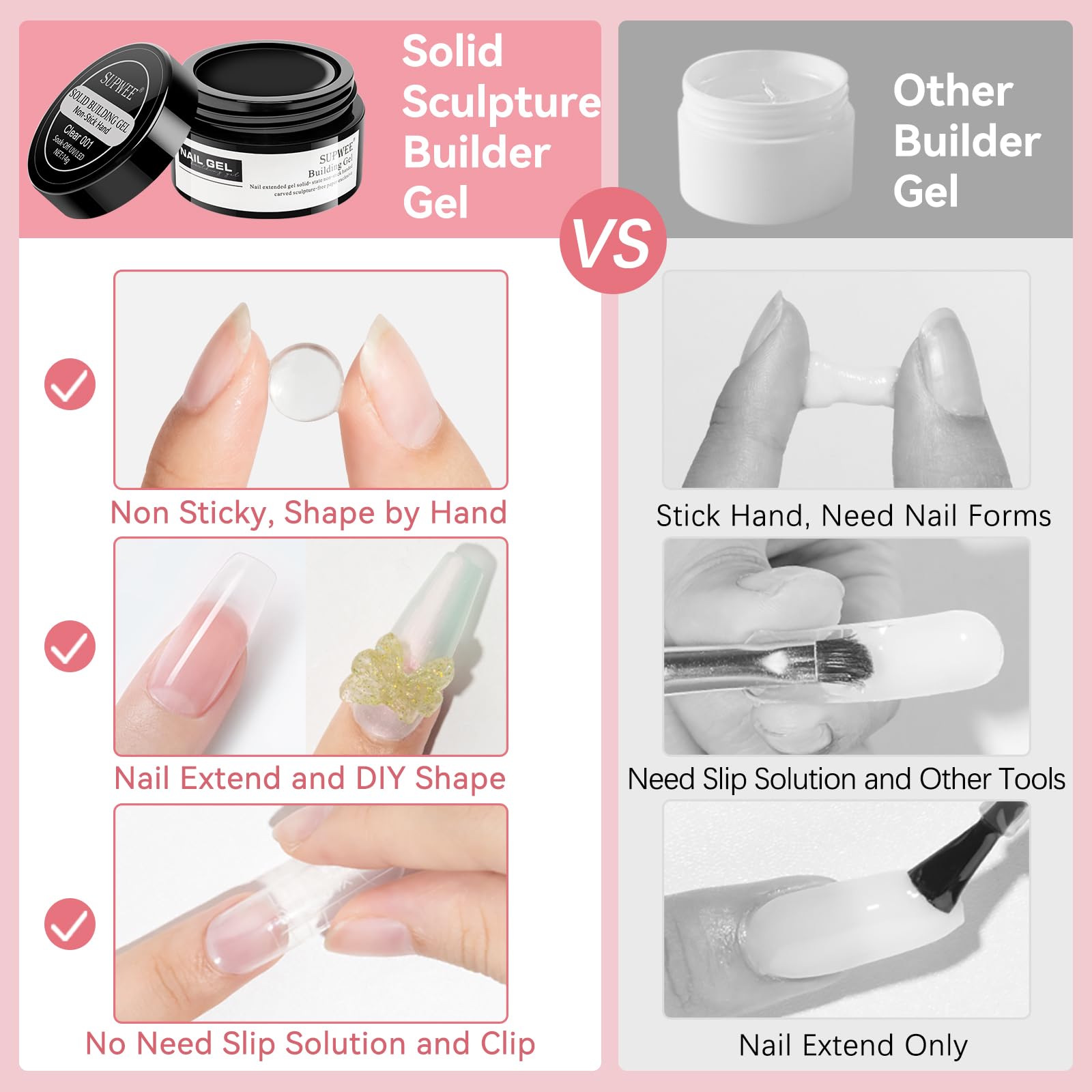 SUPWEE 3D Nail Art Gel Clear and White Solid Builder Gel for Nails Non-Stick Hand Sculpture Hard Gels with Dual Form for Carving Patterns Decoration Nail Art Home Manicure DIY for Women