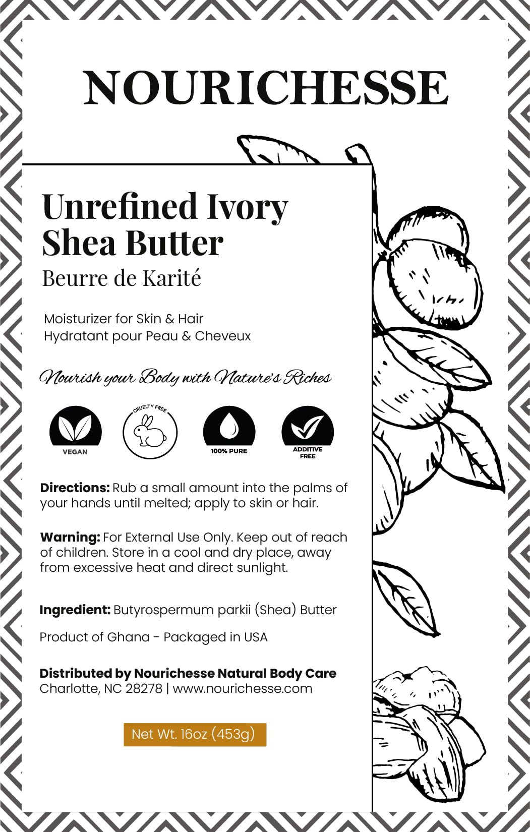 Nourichesse Unrefined Ivory Shea Butter - 1LB (16oz) Block, 100% Pure Raw Shea Butter
