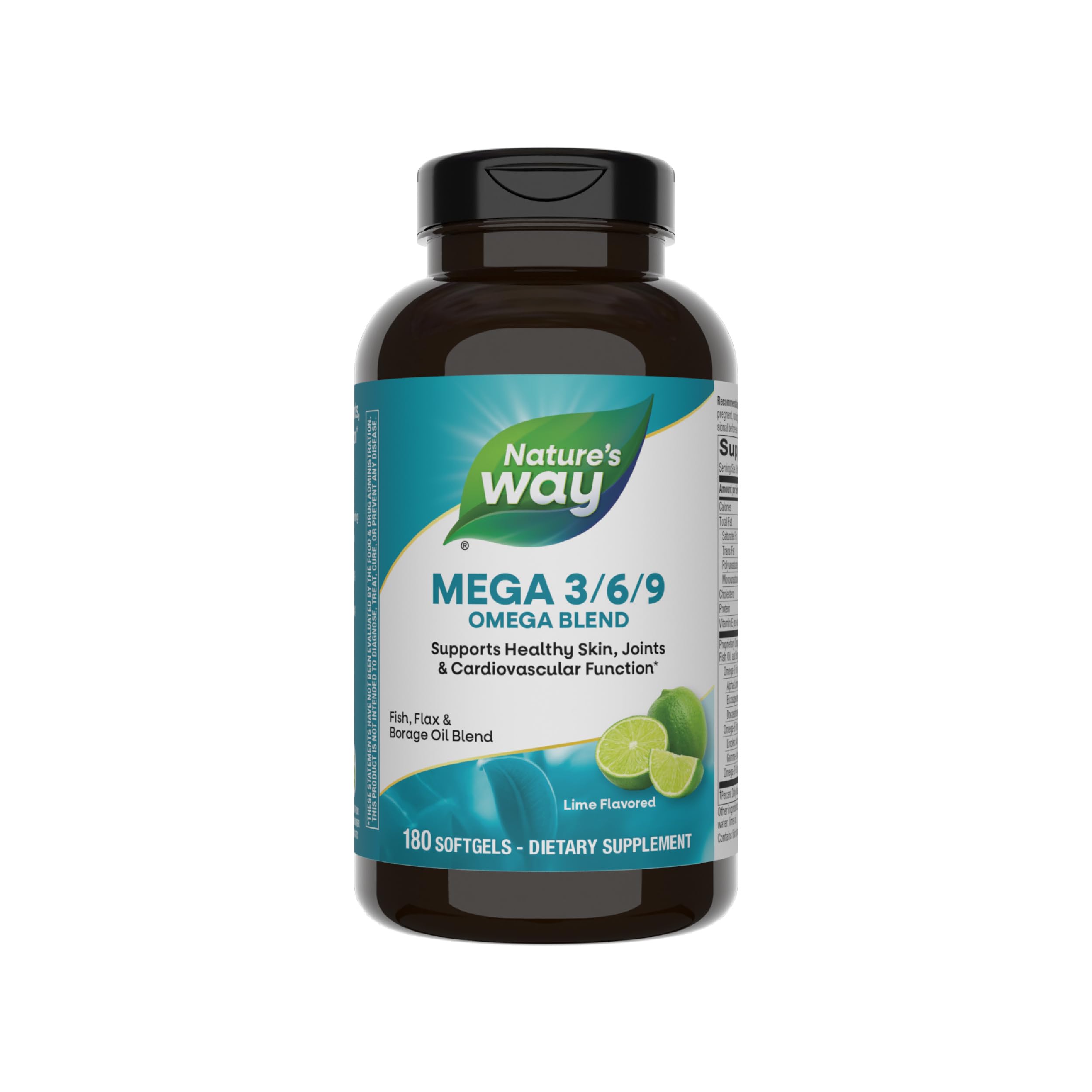 Nature’s Way Mega 3/6/9 Omega Blend, Supports Healthy Skin, Joints, Cardiovascular Function*, Fish, Flax, Borage Oil, 180 Lime Flavored Softgels (Packaging May Vary)
