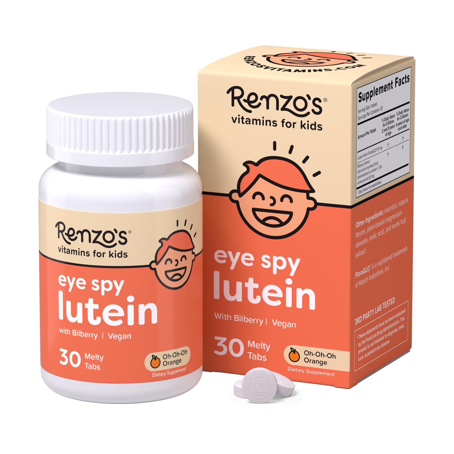 Renzo's Eye Spy Lutein with Bilberry Extract, Dissolvable Kids Vitamins for Eye Health, Sugar-Free Supplements, 30 Orange-Flavored Melty Tabs