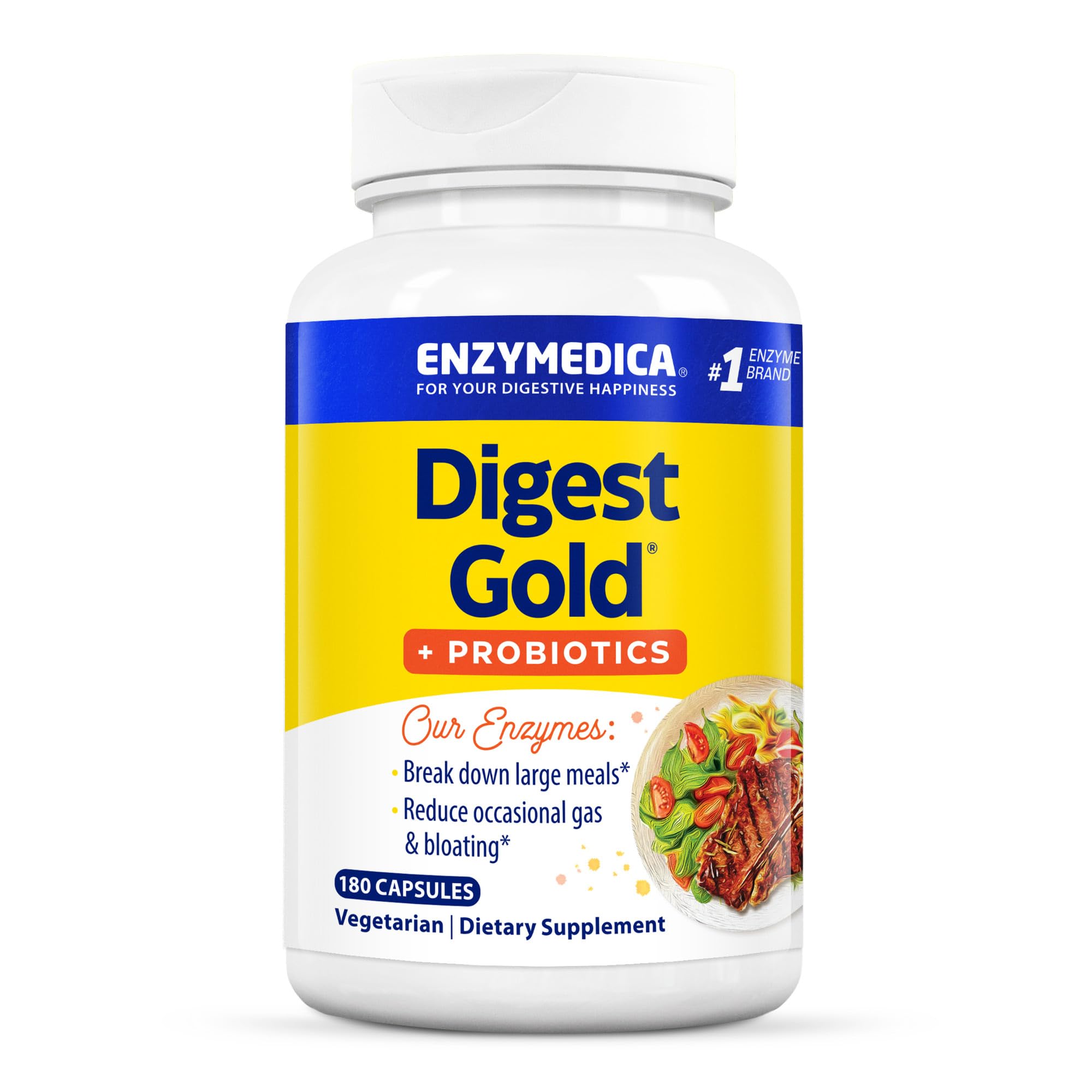 Enzymedica Digest Gold + Probiotics, 2-in-1 Formula for Gut Health, Digestive Enzymes & 1.5 Billion Active Probiotic Cultures, 180 Count (FFP)