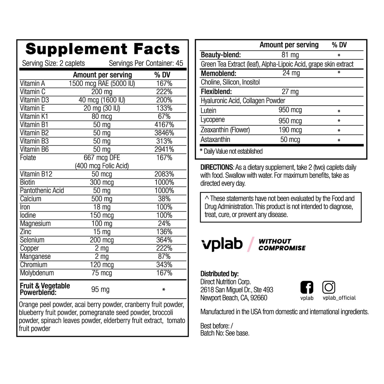 VPLab Ultra Women's Multivitamin Formula - Supplement for Hair, Skin & Nails with Biotin, Iron, Vitamin B, D, C & Zinc, Folate - Essential Daily Vitamins for Women's Health & Wellness, 90 Caplets