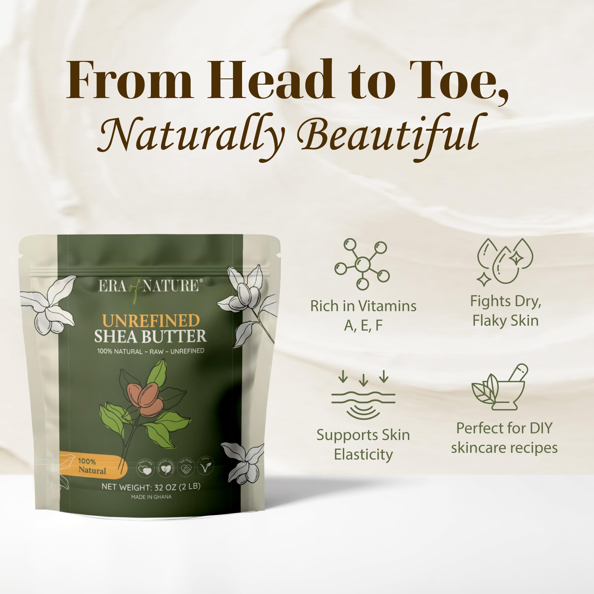 era of nature Organic Unrefined Raw African Ivory White Shea Butter 32oz - Moisturizing Raw Shea Butter Bar for Skin & Hair, DIY Lip Balm Base, Cream, Soap & Lotion Making Supplies Kit, Skincare