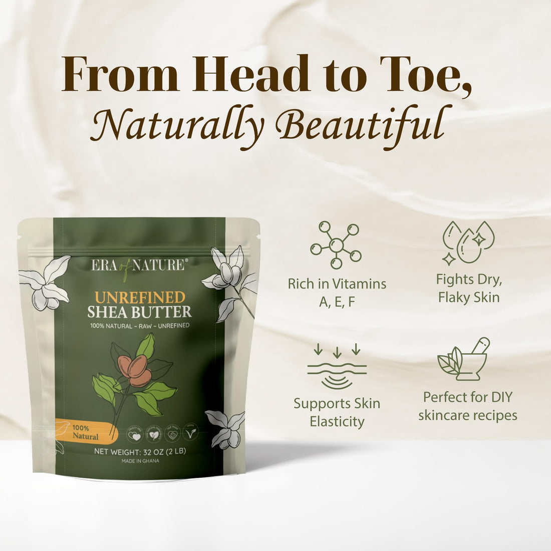 era of nature Organic Unrefined Raw African Ivory White Shea Butter 32oz - Moisturizing Raw Shea Butter Bar for Skin & Hair, DIY Lip Balm Base, Cream, Soap & Lotion Making Supplies Kit, Skincare