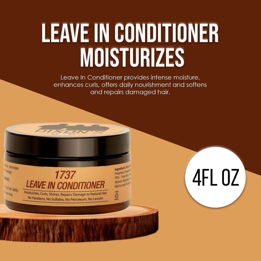 Dixon's 1737 Leave-In Conditioner, Daily Hair Moisturizer for Curly Hair, Damage Repair and Frizz Prevention Treatment (4 Fl oz)