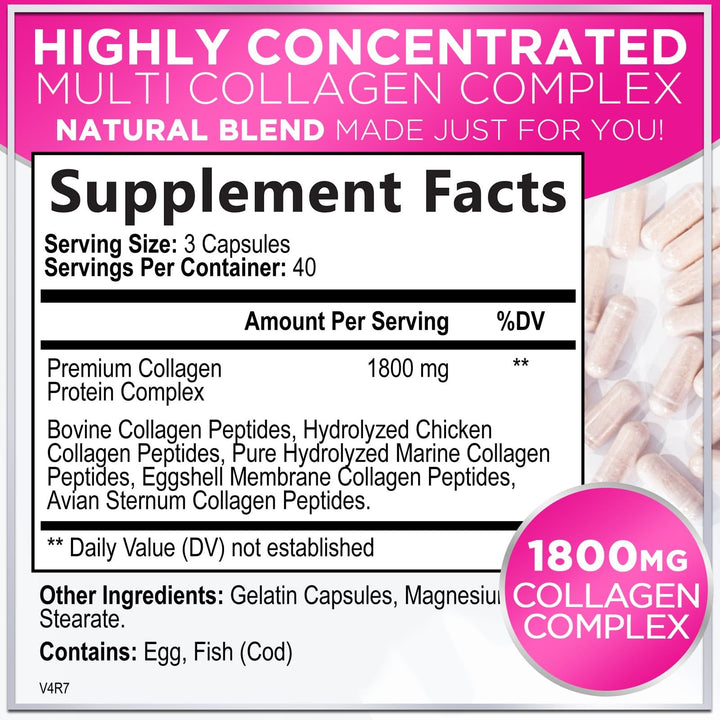 Collagen Peptides Powder Capsules for Women, 1800mg Hydrolyzed Collagen Type I, II, III, V & X, Hair, Nail, Skin, Bone & Joint Support, Collagen for Women & Men, Grass-Fed Collagen - 120 Capsules