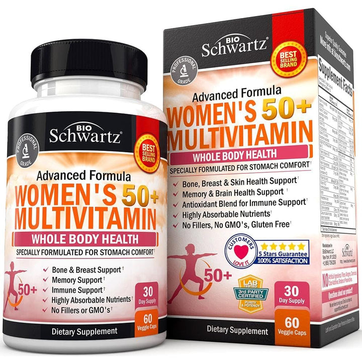 Daily Multivitamin for Women 50 & Over – Memory Support Supplement – Promotes Stress Reduction & Healthy Immune Response – Women's Multivitamin Supplement Designed for Stomach Comfort - 60 Capsules