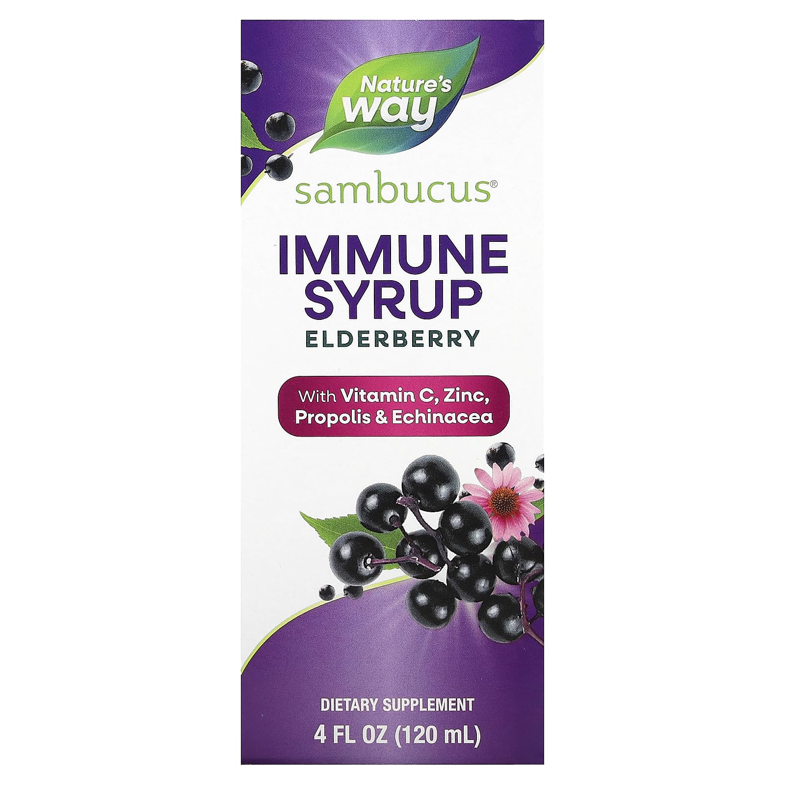 Nature's Way Sambucus Immune Elderberry Syrup, Herbal Supplements with Echinacea, Zinc, and Vitamin C, Gluten Free, Vegetarian, 4 Fl Oz (Packaging May Vary)