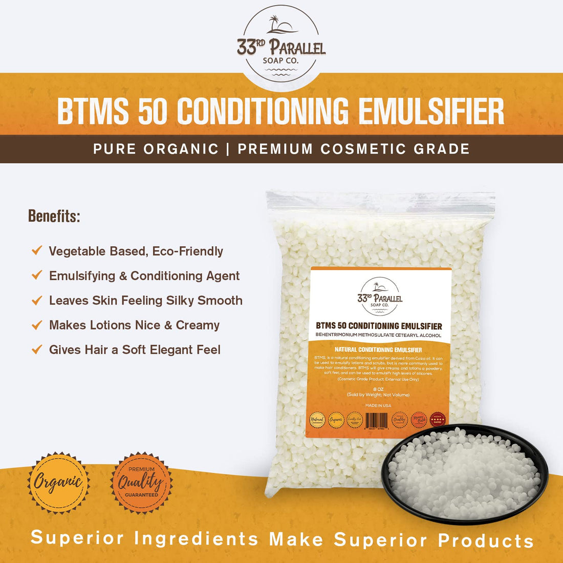33rd PARALLEL | BTMS 50 (2 oz) Conditioning Emulsifier | 100% Natural Plant Derived | Behentrimonium Methosulfate Cetearyl Alcohol Emulsifying Conditioner | Product of USA (2 Ounces)