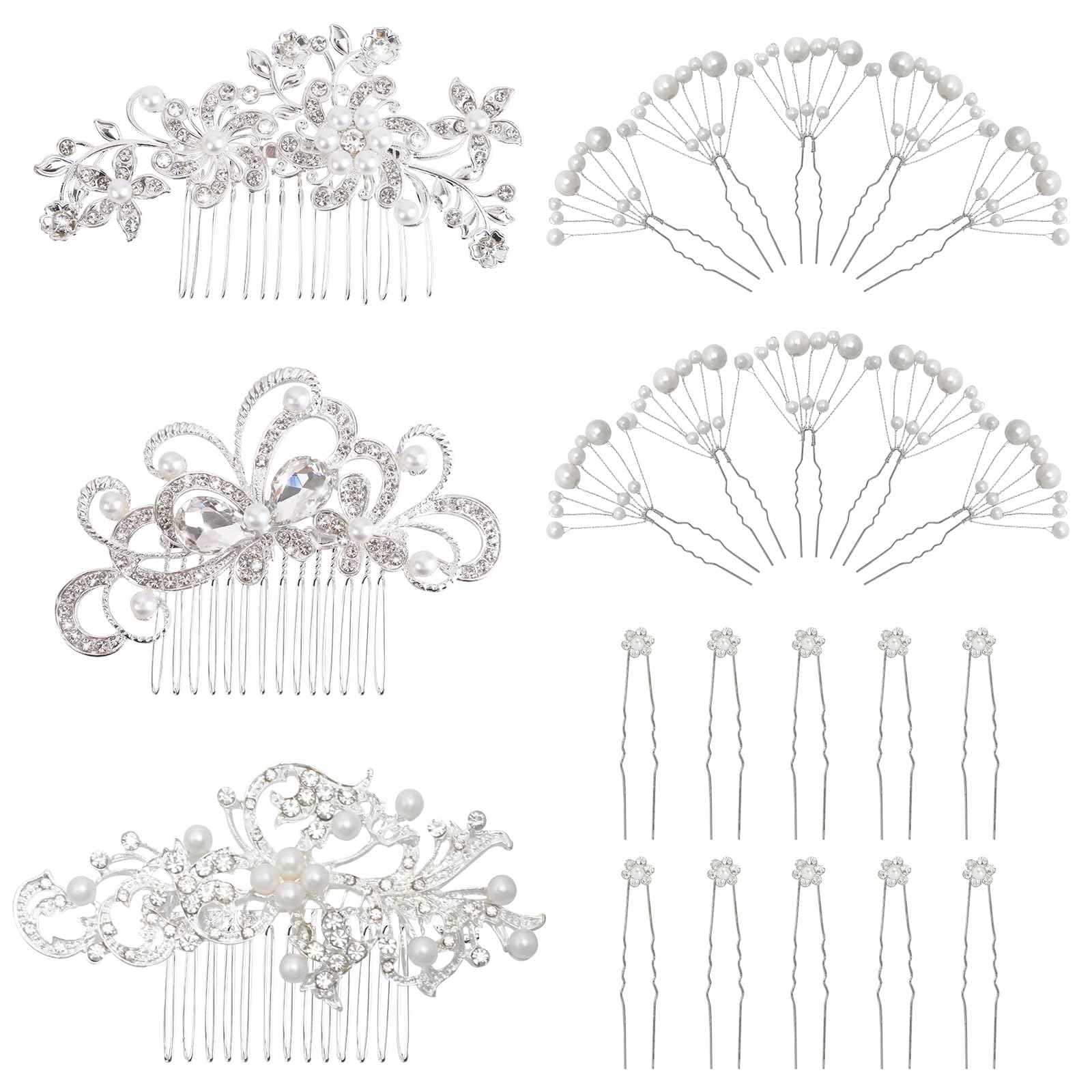 REVEW Set of 23pcs Bridal Hair Comb Wedding Hair Side Combs Bridal Head Pin Headpiece Crystal Pearls Flower Bride Bridesmaid