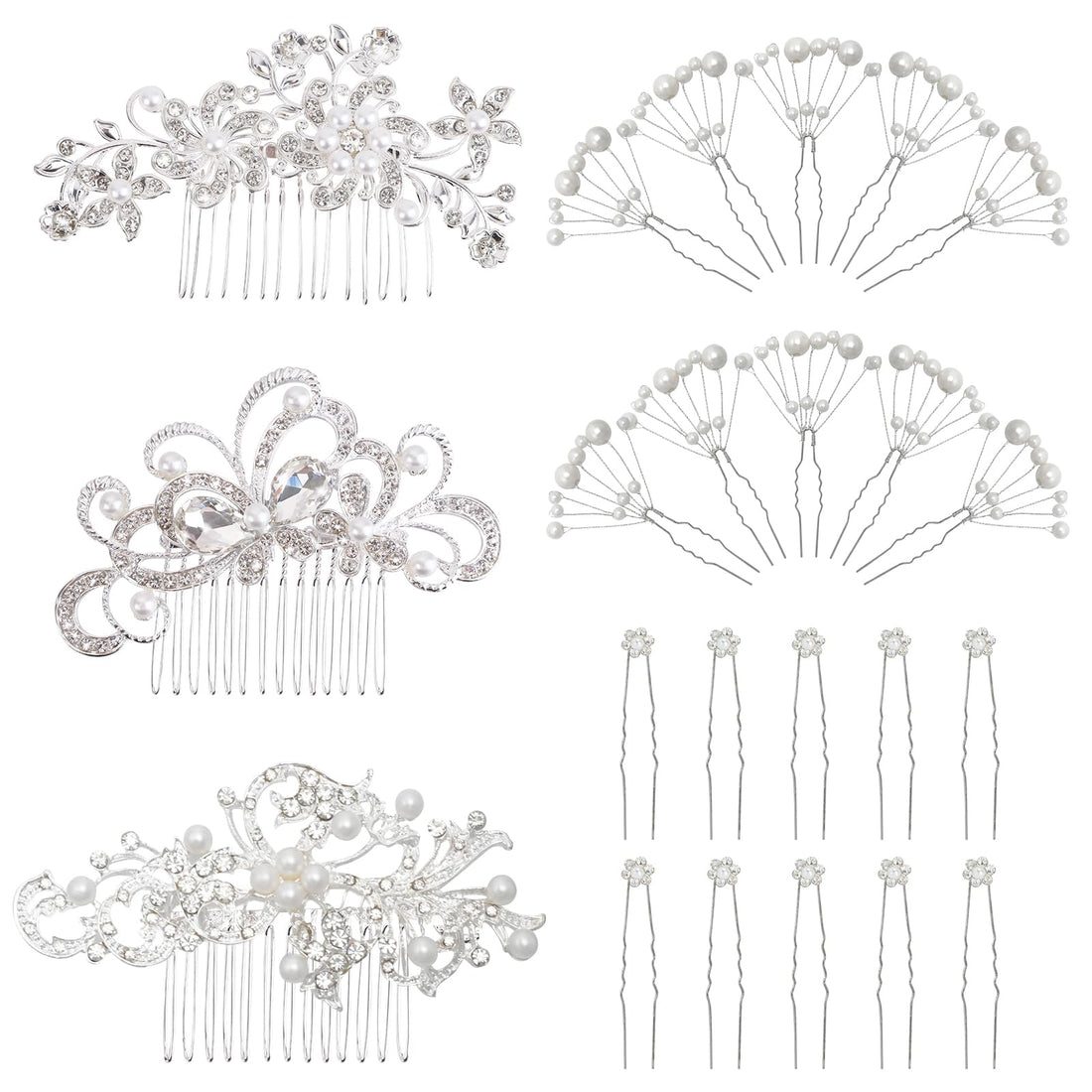 REVEW Set of 23pcs Bridal Hair Comb Wedding Hair Side Combs Bridal Head Pin Headpiece Crystal Pearls Flower Bride Bridesmaid