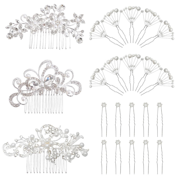 REVEW Set of 23pcs Bridal Hair Comb Wedding Hair Side Combs Bridal Head Pin Headpiece Crystal Pearls Flower Bride Bridesmaid