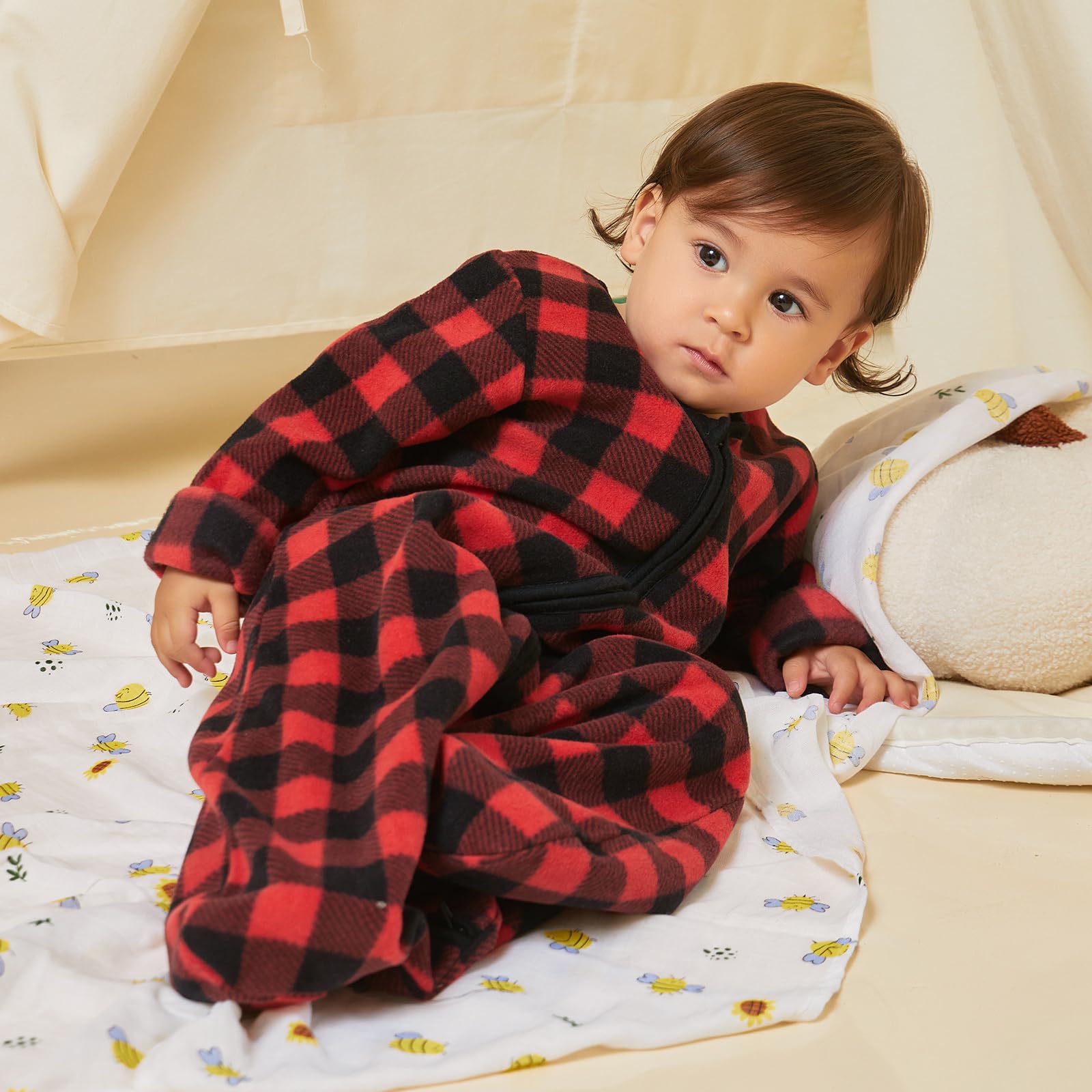 DaysU Micro Fleece Baby Sleep Sack 12-18 Months with Long Sleeves 1.5 TOG, Plush Warm Baby Wearable Blanket with 2-Way Zipper, Unisex Sleeping Bag for Toddler, Buffalo Plaid