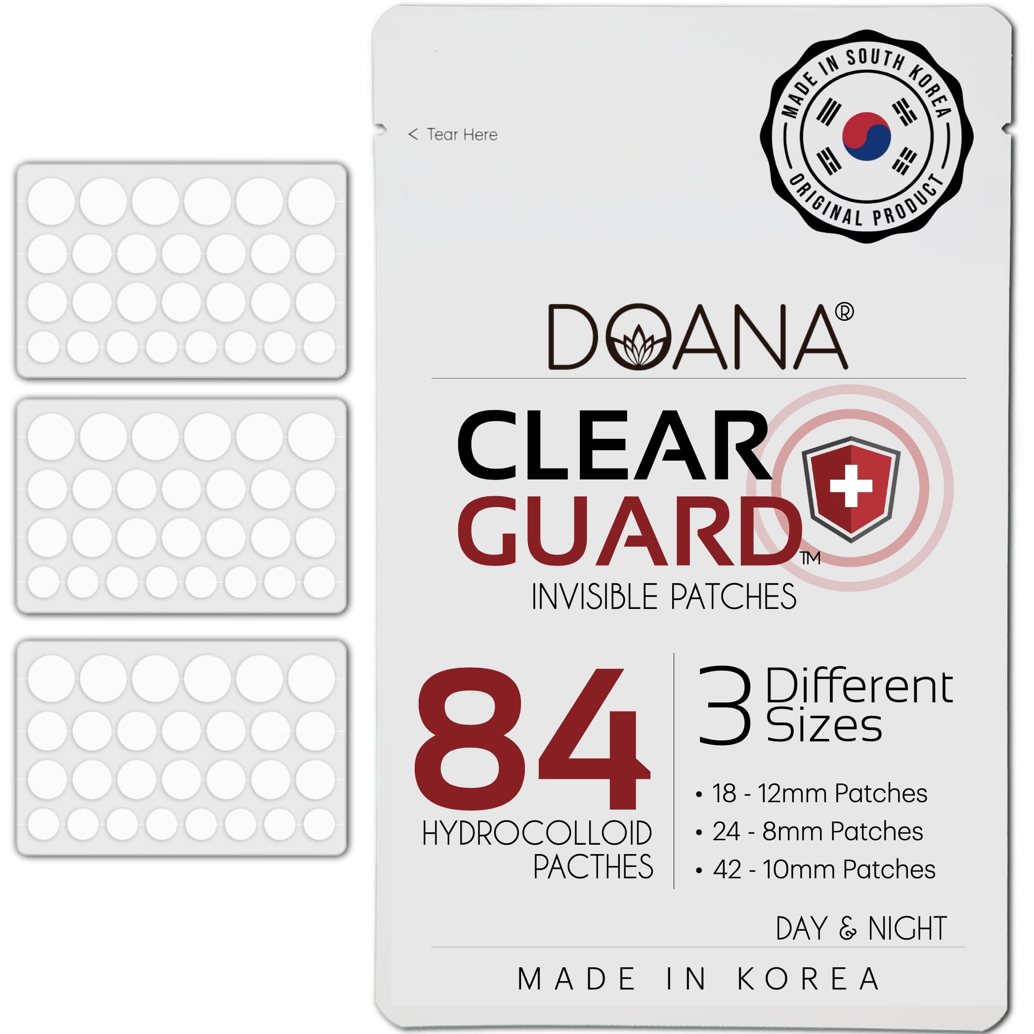 DOANA Korean Pimple Patches - 84 Count / Made in KOREA - Absorbing Hydrocolloid 3 Size Acne Patches for Blemishes. Zits Cover, Spot Stickers for Face and Body, Day and Night, Round Shape