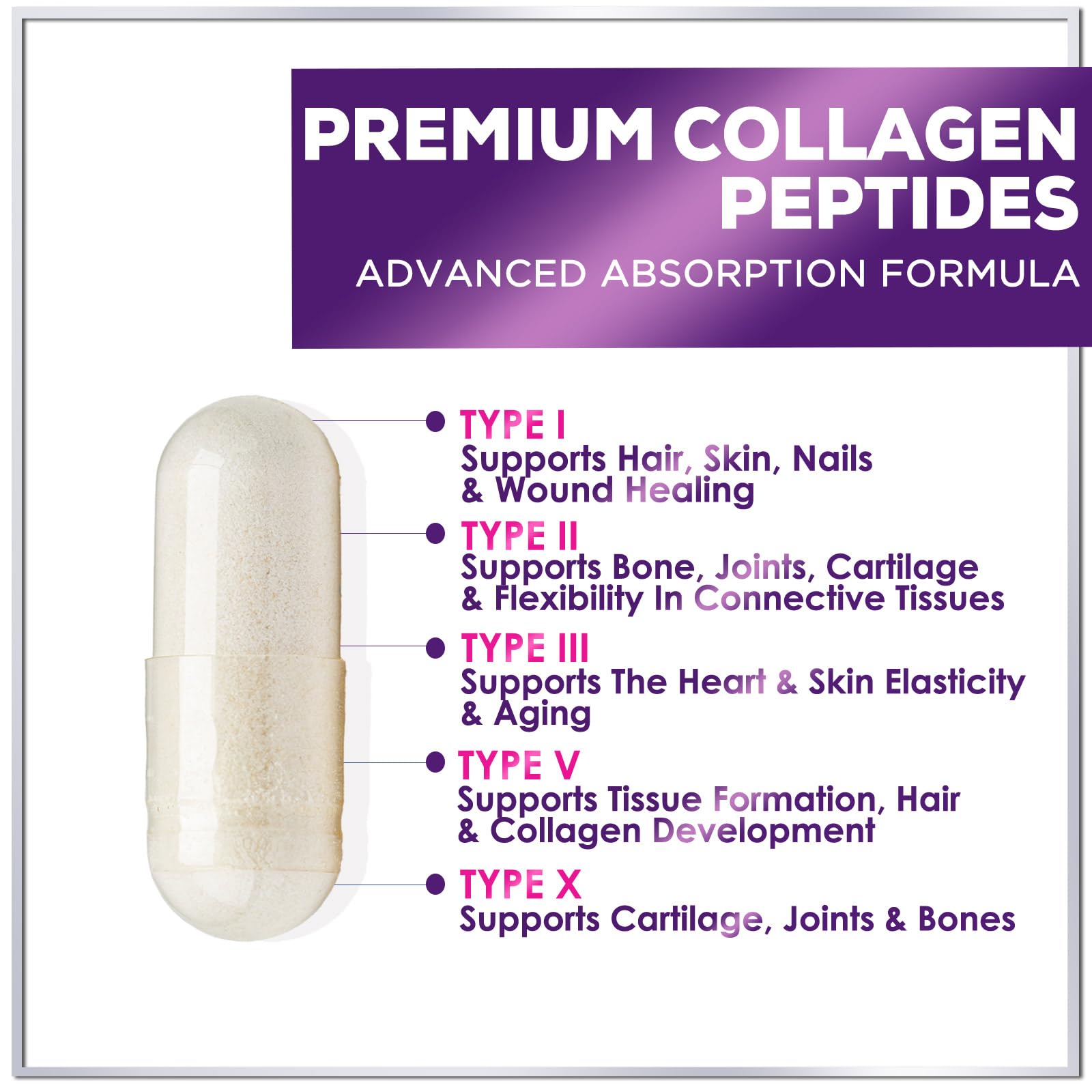 Collagen Peptides Powder Capsules for Women, 1800mg Hydrolyzed Collagen Type I, II, III, V & X, Hair, Nail, Skin, Bone & Joint Support, Collagen for Women & Men, Grass-Fed Collagen - 120 Capsules