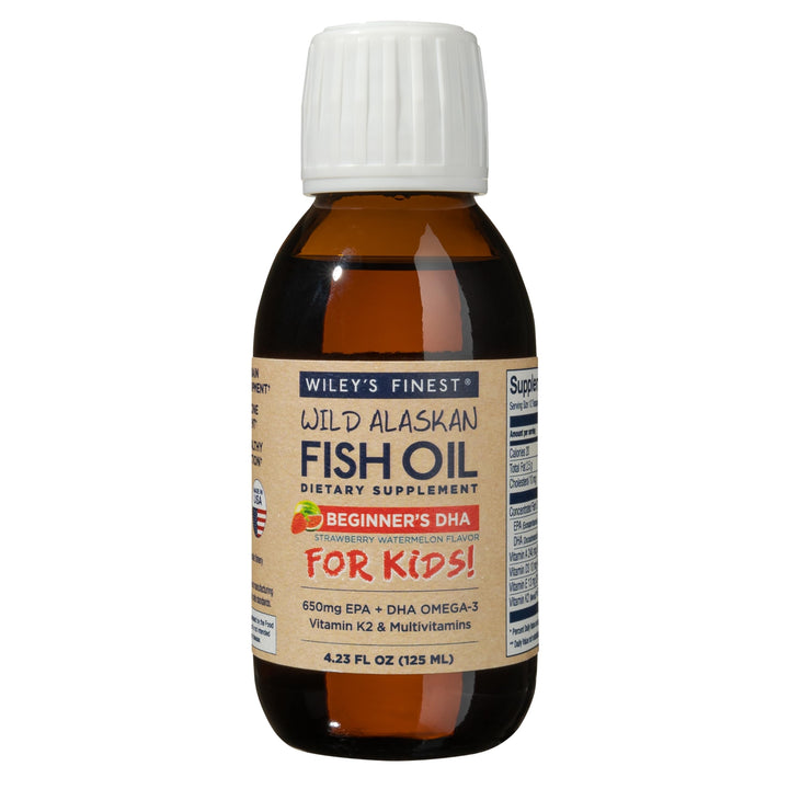 Wiley's Finest Wild Alaskan Beginner’s DHA - Liquid Fish Oil Supplement for Kids Ages 1 and Up - 650mg of EPA and DHA Omega-3s - Strawberry Watermelon Flavor - 4.23 Oz (50 Servings)