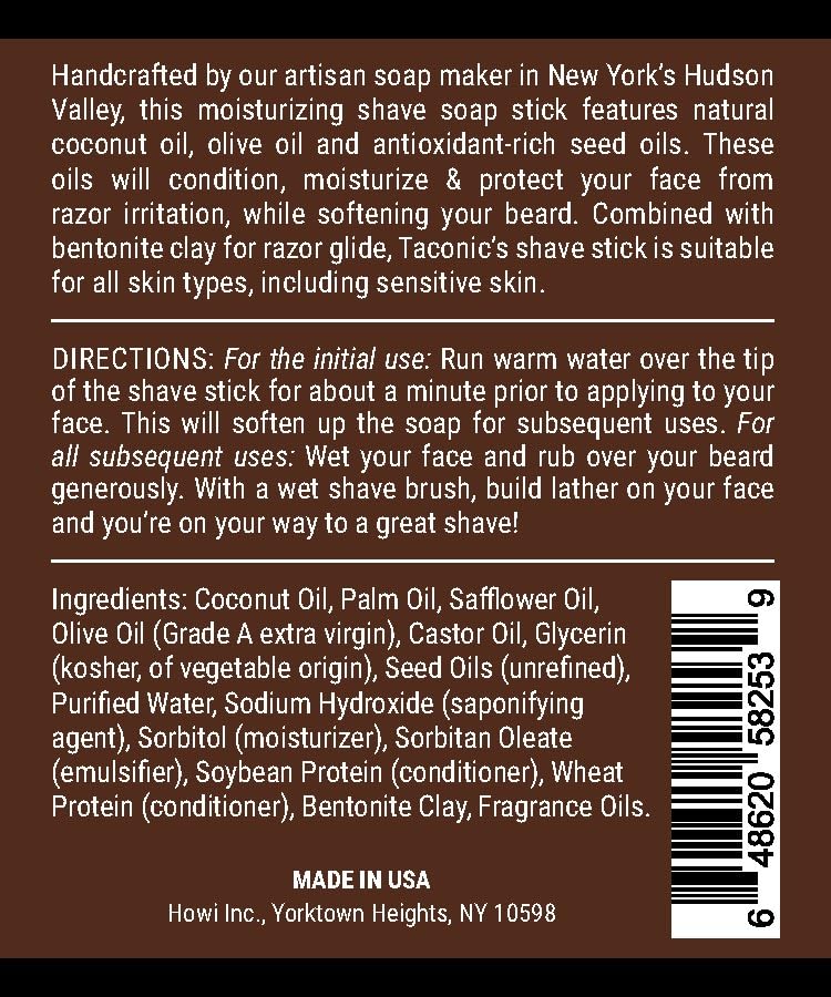 Taconic Shave Bay Rum Shaving Soap Stick with Antioxidant-Rich Hemp Seed Oil 2.5 oz./71g
