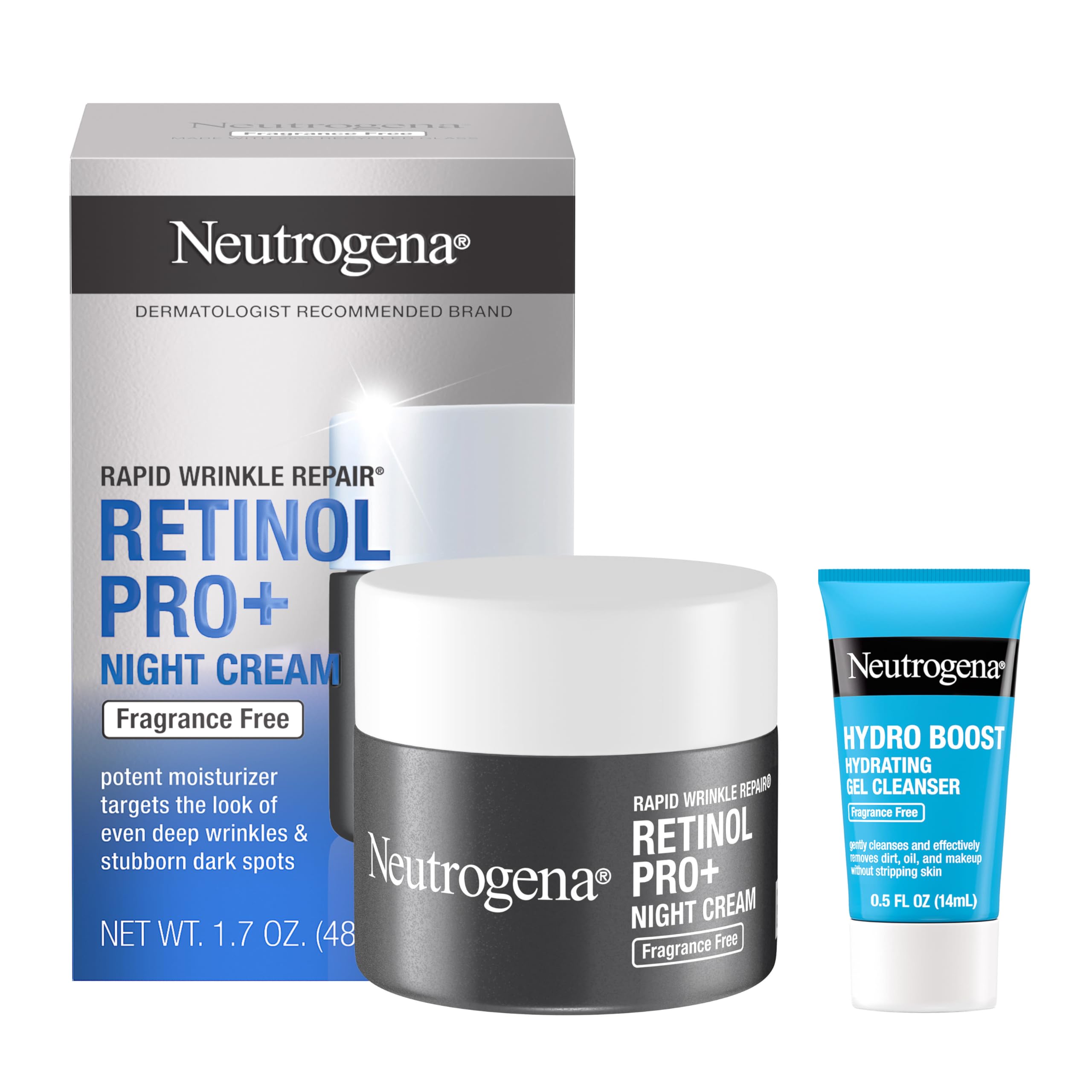 Neutrogena Rapid Wrinkle Repair Retinol Pro+ Night Cream Face Moisturizer, Anti-Aging Face Cream, 1.7 oz + Trial Size Hydro Boost Facial Cleanser, 0.5 fl. oz