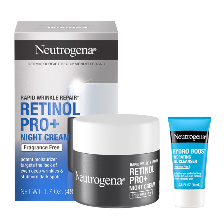 Neutrogena Rapid Wrinkle Repair Retinol Pro+ Night Cream Face Moisturizer, Anti-Aging Face Cream, 1.7 oz + Trial Size Hydro Boost Facial Cleanser, 0.5 fl. oz