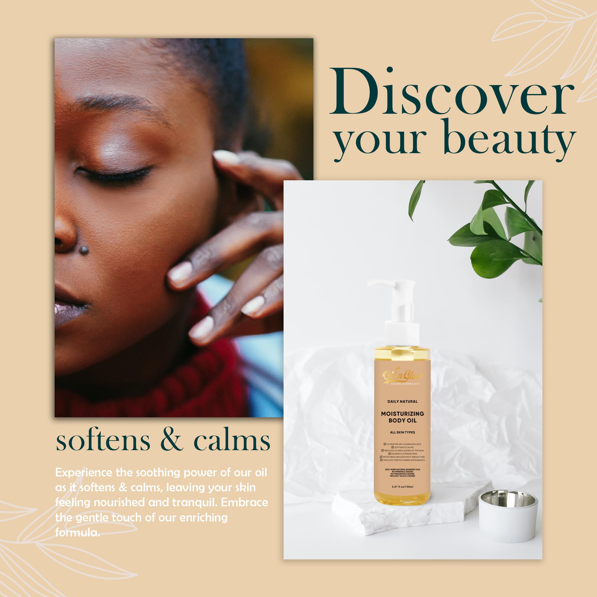 OilnGlow 100% Pure Natural Hydrating Body Oil After Shower with Vitamin E, Coconut, Jojoba, Olive & Sweet Almond Moisturizing Body Oil For Women & Men Dry Skin - Unscented 5.07 fl oz/150ml