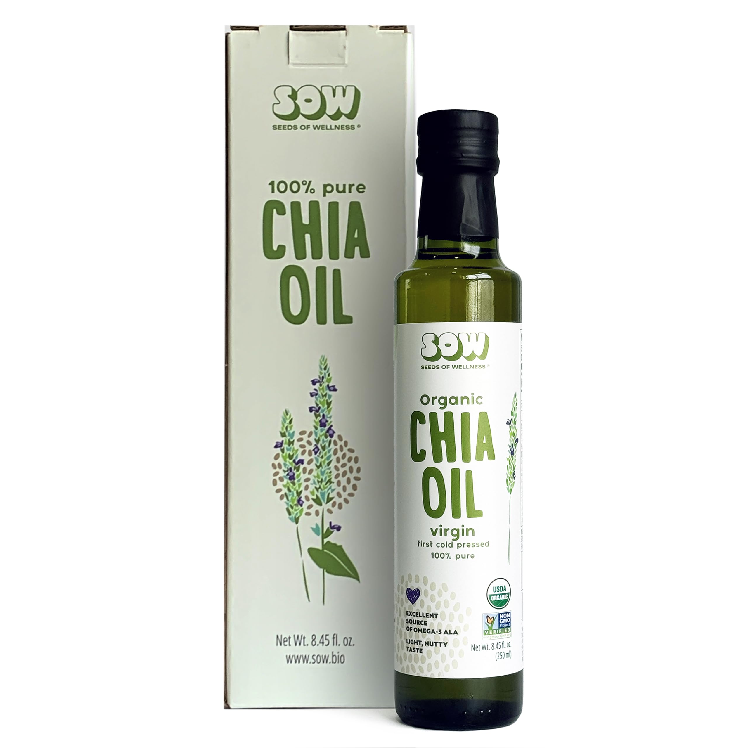 Seeds of Wellness - Organic Chia Seed Oil, Essential Bio Nutrients, Fatty Acids Omega-3 ALA Plant-Based, Cold-Pressed, Unrefined, Non GMO, 8.45 Fl Oz (250 ml) Glass Bottle, Pack of 1, Chile