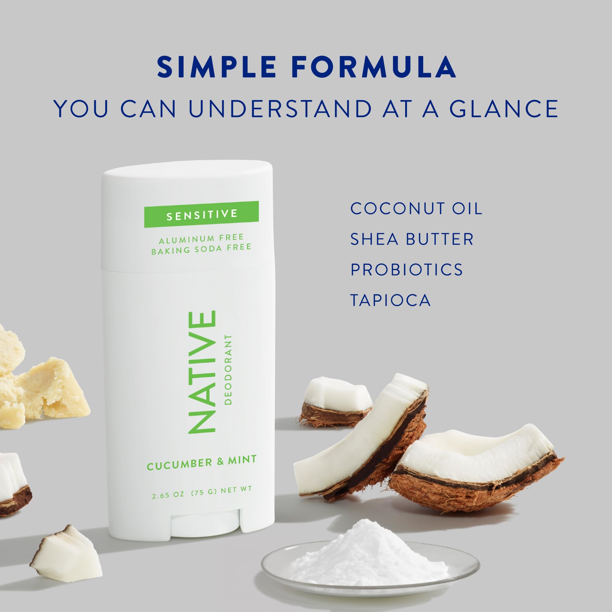 Native Deodorant- Natural Deodorant for Women and Men - Baking Soda Free - Contains Probiotics - Aluminum Free & Paraben Free, Naturally Derived Ingredients - Cucumber & Mint (Sensitive)