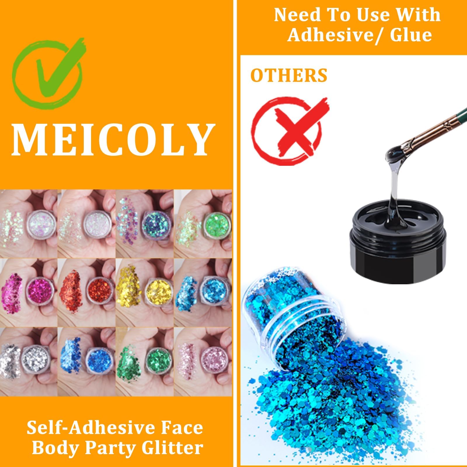 MEICOLY 12 Colors Face and Body Glitter Palette Set, Sparkles, Chunky Hair Glitter, Mermaid Gel, Makeup, Festival Paint for Women and Kids